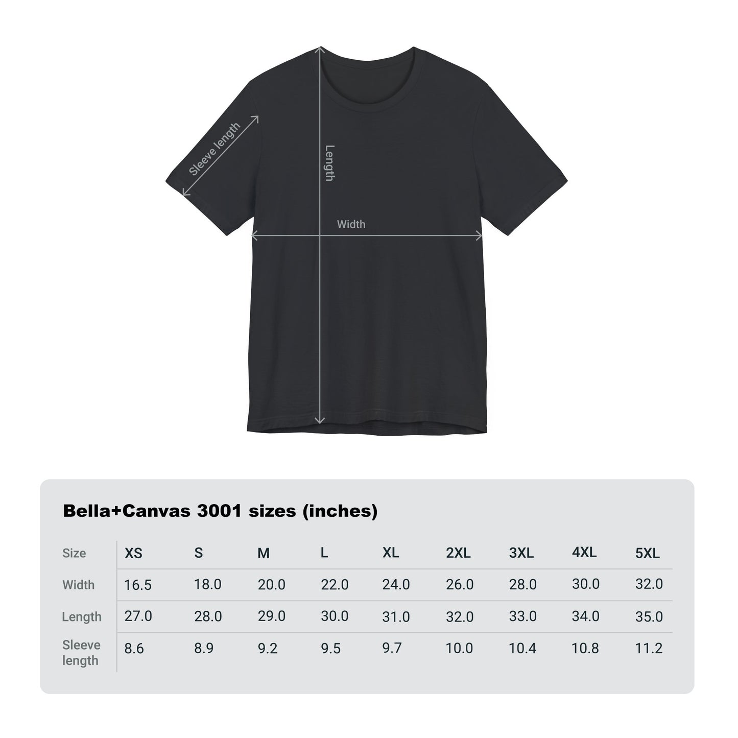 Bella + Canvas 3001 t-shirt size chart