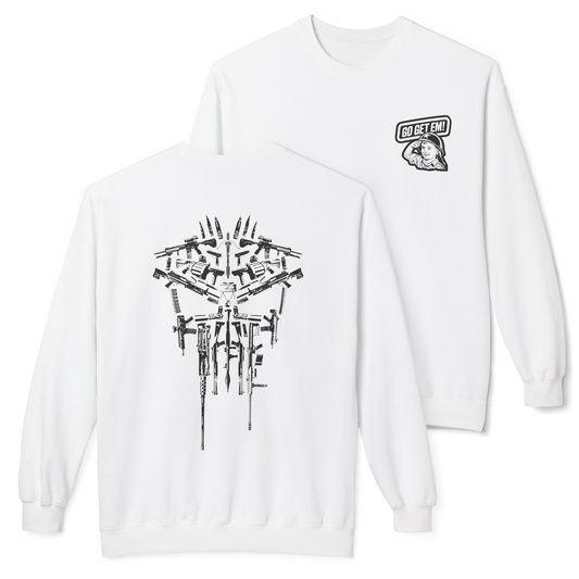 “Retribution” Punisher sweatshirt, printed double sided on a white sweatshirt for fans of Marvel and Daredevil Born Again
